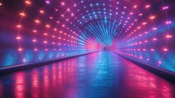 ai genererad kvinna gående genom tunnel med färgrik lampor foto