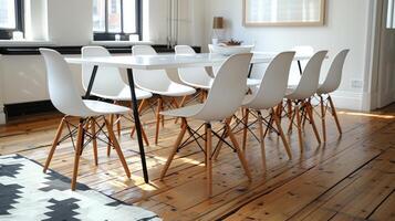 ai genererad dining rum tabell med vit stolar och svart och vit matta foto