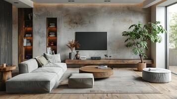 ai genererad levande rum med soffa, tabell, och TV foto