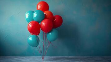 ai genererad röd och blå ballonger flytande i de luft foto