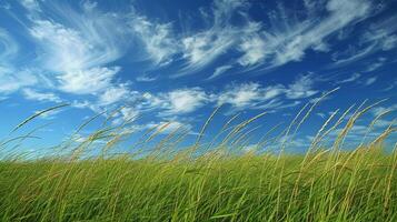 ai genererad gräs- fält med blå himmel foto