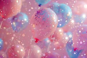 ai genererad ballonger och masker var konfetti på en rosa bakgrund foto