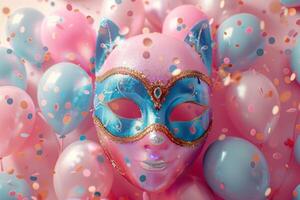 ai genererad färgrik mask ballong och färgrik ballonger på rosa bakgrund foto