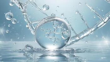ai genererad flytande bubbla, en molekyl inuti en flytande bubbla mot en bakgrund av stänk vatten dna foto