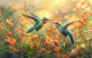 ai genererad två kolibrier samlar nektar sida förbi sida från levande blooms foto