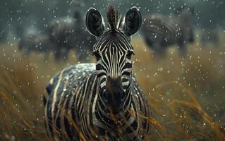 ai genererad ett uppmärksam zebra på de regnig afrikansk savann foto
