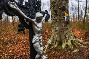 gammal korsa med Jesus på en plats i en skog under vandring foto