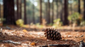 ai genererad tall kon mitt i skog golv i solljus foto