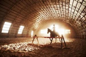 majestätisk bild av häst häst siluett med ryttare på solnedgång bakgrund. flickjockeyn på ryggen av en hingst rider i en hangar på en gård och hoppar över ribban. begreppet ridning foto