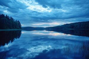 ai genererad lugn sjö med molnig himmel foto