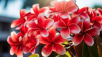 ai genererad vibrerande rosa plumeria blommor i solljus foto