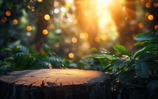 ai genererad magisk strålar av solljus strålkastare en träd stubbe i rik skog foto