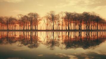 ai genererad soluppgång reflexion på lugna sjö med träd foto