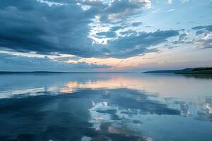 ai genererad lugn sjö med molnig himmel foto