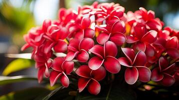 ai genererad vibrerande rosa plumeria blommor i solljus foto