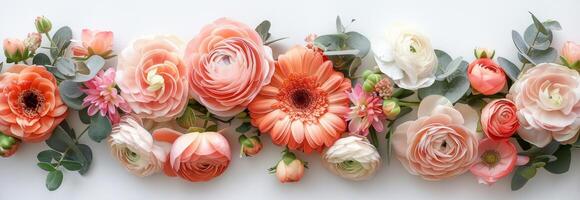 ai genererad de arrangemang av rosa och persika blommor foto