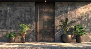 ai genererad modern dörr av en modern hus med inlagd växter foto