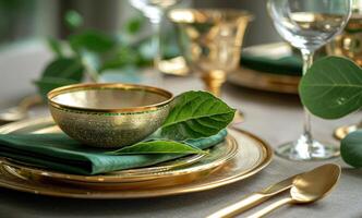 ai genererad tabell med guld porslin och grön servett med blad isolerat på vit foto