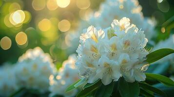 ai genererad skön ljus bakgrund av en sommar trädgård med en blommande vit rhododendron buske foto