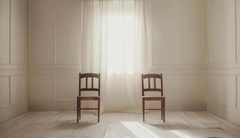 ai genererad en rum i en vit, trä- miljö med två trä- stolar foto