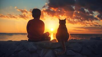 ai genererad en pojke och en katt Sammanträde tillsammans tittar på solnedgång, en skön vänskap mellan mänsklig och katt. foto
