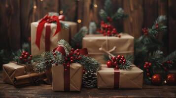 ai genererad närvarande lådor Utsmyckad med band och jul dekorationer uppsättning mot en trä- bakgrund foto
