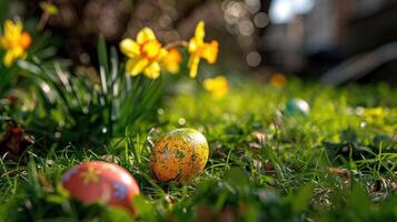 ai genererad påsk ägg kikar ut från de gräs vid sidan av påskliljor foto