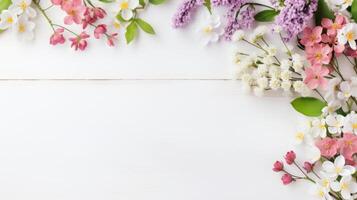 ai genererad Söt vår blommor på vit trä- bakgrund med kopia Plats för din design. vår bakgrund begrepp foto