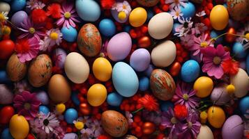 ai genererad påsk bakgrund. skön färgrik påsk ägg och blommor på tabell. foto