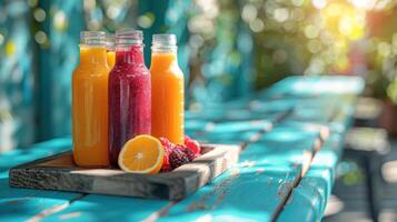 ai genererad nyligen pressas orange och bär juice flaskor placerad på en trä- bricka, uppsättning på en vibrerande turkos blå picknick tabell under de brokig sommar Sol. foto