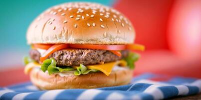 ai genererad närbild av burger på suddig bokeh bakgrund. Plats för text. foto