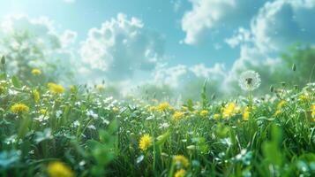 ai genererad en charmig äng fylld med vibrerande grön gräs och gul maskros blommor foto