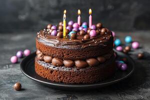 ai genererad slutlig födelsedag kaka med ljus professionell reklam mat fotografi foto