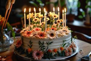 ai genererad slutlig födelsedag kaka med ljus professionell reklam mat fotografi foto