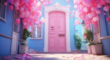 ai genererad färgrik ballonger fladdra på en rosa bakgrund nära en blå dörr foto