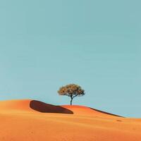 ai genererad en enda träd står uthållig mot de väldighet av en sandig öken- dyn, under en klar blå himmel foto