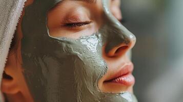 ai genererad Lycklig skön ung kvinna liggande ner med ansiktsbehandling mask behandling i skönhet och spa salong. foto
