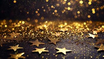 ai genererad abstrakt festlig mörk bakgrund med guld stjärnor och glitter ny år födelsedag högtider firande foto