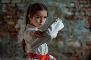 ai genererad porträtt av flicka i traditionell kläder Träning erfaren karate kämpe klubb krigisk konst foto