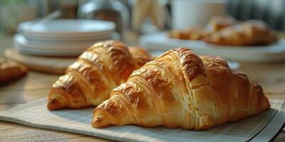 ai genererad par av croissanter på trä- tabell foto