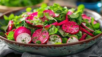 ai genererad en rädisa och vattenkrasse sallad, highlighting kryddad rädisa skivor, pepprig vattenkrasse, och en snygghet citrus- klä på sig foto