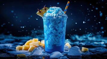 ai genererad en blå hawaiian cocktail, med blå curacao, rom, ananas juice, och kokos grädde, eras över is foto