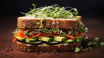 ai genererad en veggie smörgås, terar skivor av avokado, gurka, klocka paprika, och groddar på hela spannmål bröd foto