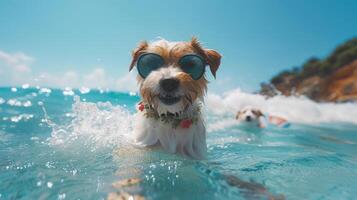 ai genererad en domkraft russell hund surfing på en Vinka i de hav under sommar semester foto