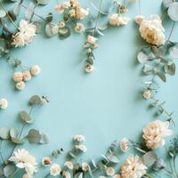 ai genererad otton blommor och eukalyptus grenar anordnad på en pastell blå bakgrund foto