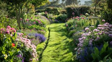 ai genererad vibrerande rabatter och buktig gräs väg i en charmig engelsk formell trädgård foto