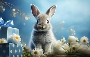 ai genererad ett påsk kanin på en blå fyrkant bakgrund foto