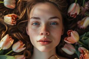 ai genererad mild porträtt av en flicka omgiven förbi tulpaner, topp se, vår humör foto