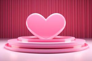ai genererad plattform och rosa hjärta formad dekoration mot rosa bakgrund foto