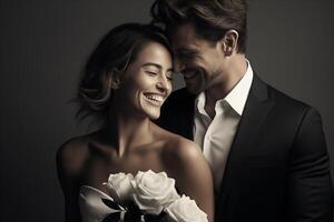 ai genererad elegant skön par med en bukett av vit rosor, trohet, kärlek, hjärtans dag foto